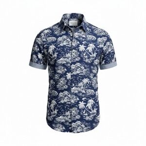 Paper Denim& Cloth Boys Navy White Tropical Palm Tree Button Up Shirt Size 10/12